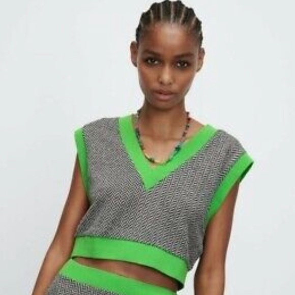 ZARA Cropped Sweater Vest s kelly green gingham tweed sweater sleeve less - Picture 8 of 10